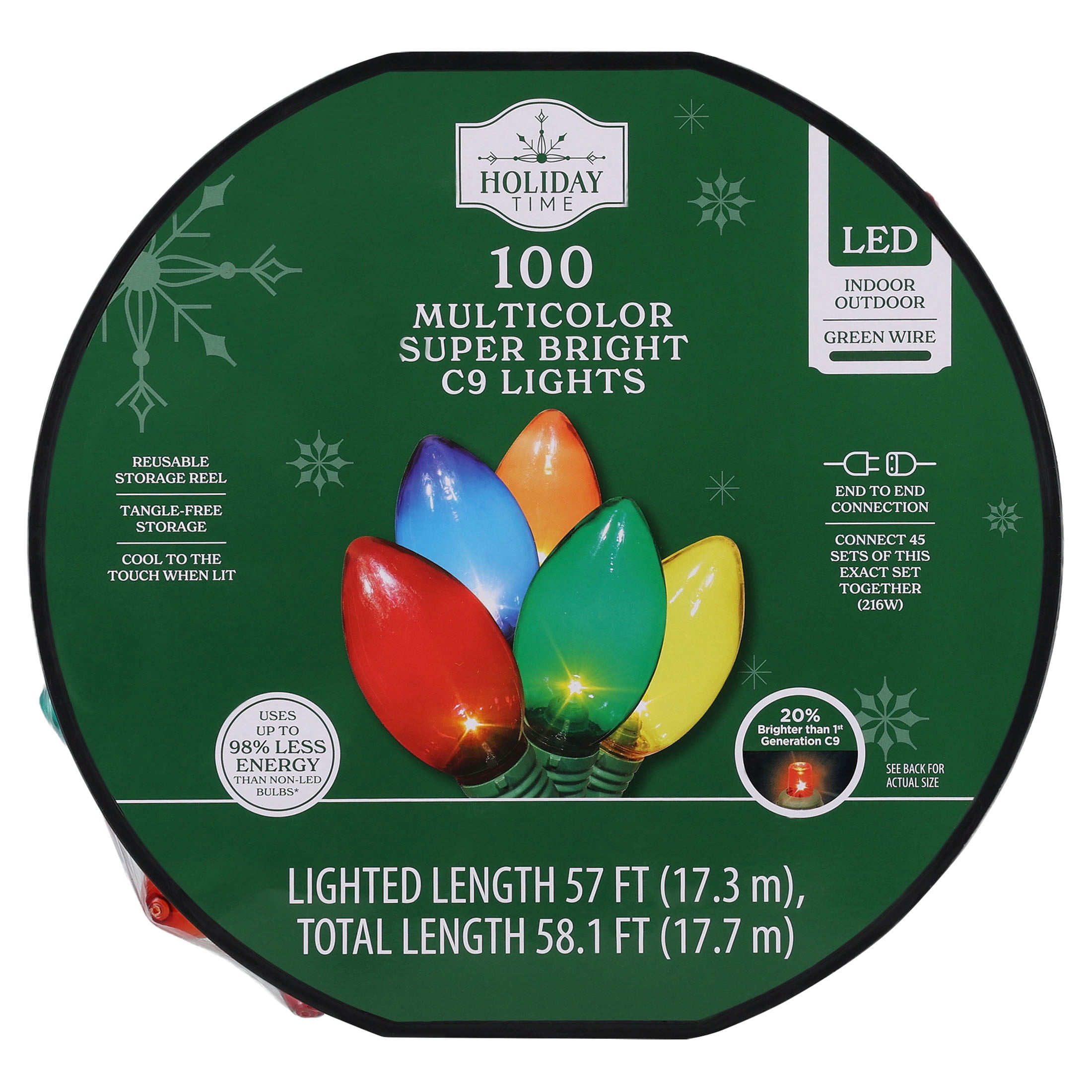 Indoor/Outdoor 100-Count LED Smooth C9 Christmas String Lights, Multicolor, Green Wire, 57', by Holiday Time