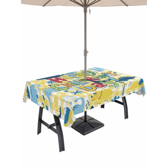 Outdoor Tablecloth with Umbrella Hole for Patio/Picnic/Party/Camping, Yellow Blue Dinosaur Waterproof Table Cloth Rectangle Table Cover Washable, Palm Trees Mountains Checkered (52"x 70")