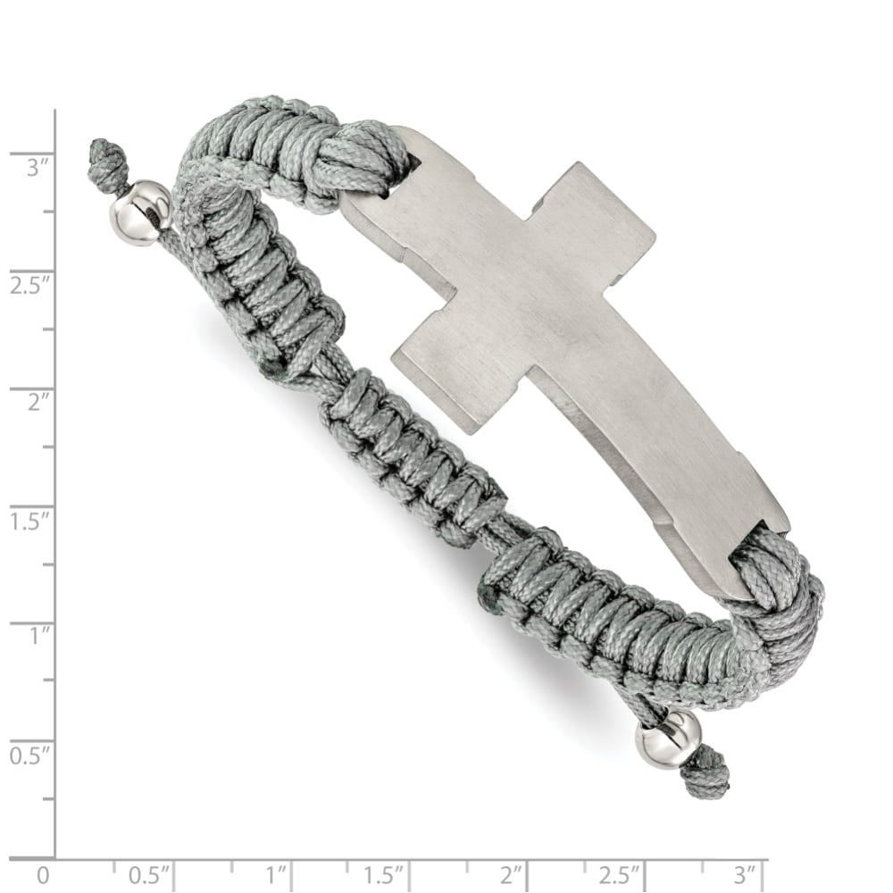 Diamond2Deal Stainless Steel Brushed and Polished Cross Grey Nylon Adjustable Bracelet for Men 7.5"