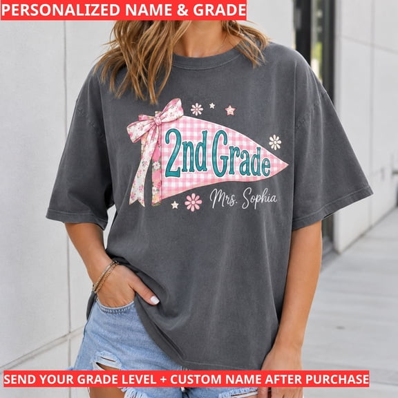 Back To School Shirt, Custom Teacher Name and Grade Pennant Tee, Pink Bow Classroom Shirt, First Day Of School Gift