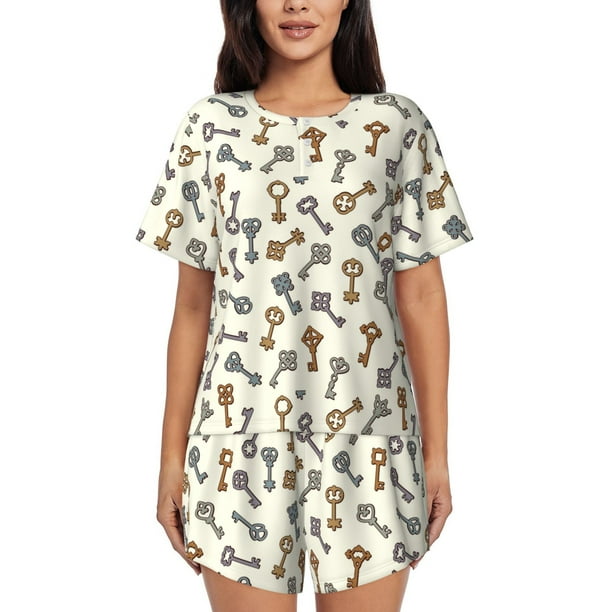 Fotbe Keys1 Conjunto de Pijama Estampado para Mujer, 2 Piezas, Ropa de Dormir con Camiseta de Manga Corta y Shorts Suaves-Medium