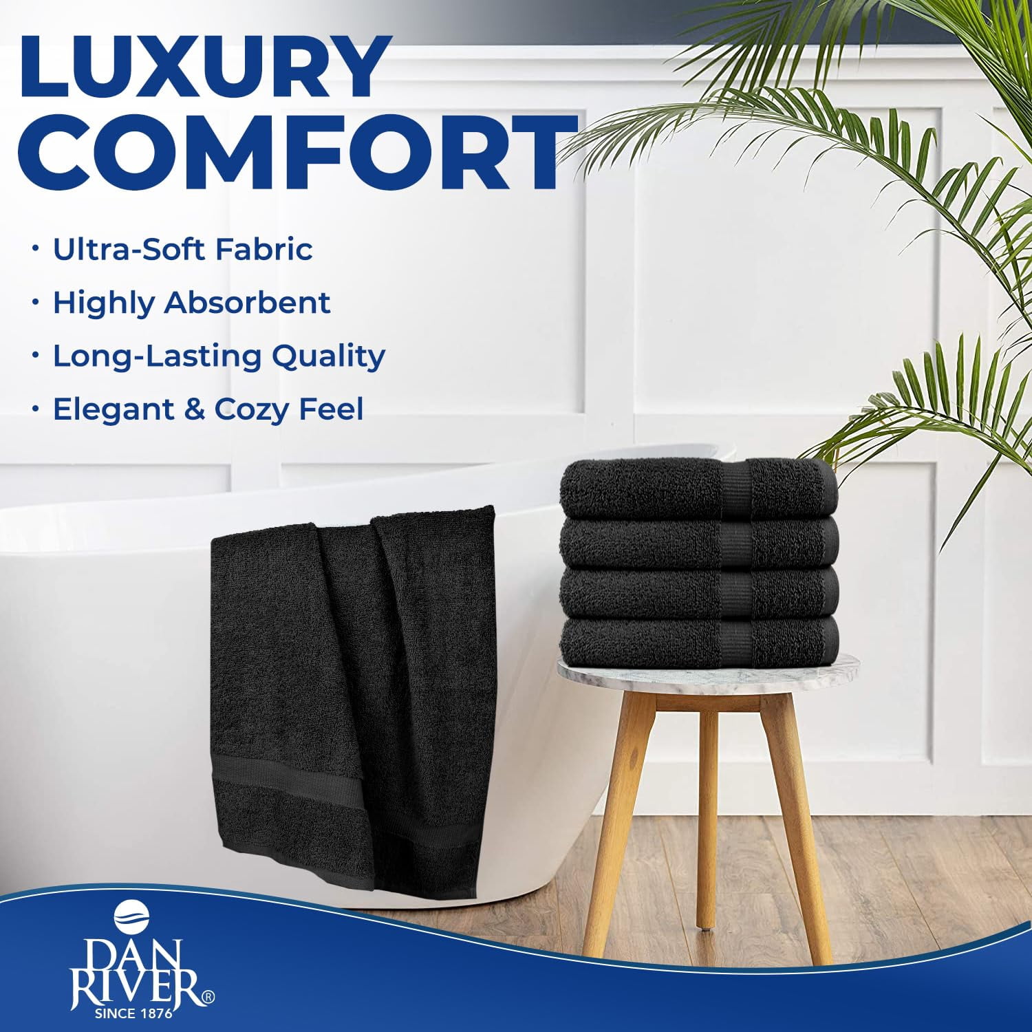 Dan River Bath Towel 6 pack 24x48 in Ultra Soft Quick Drying Cotton Towel - Black