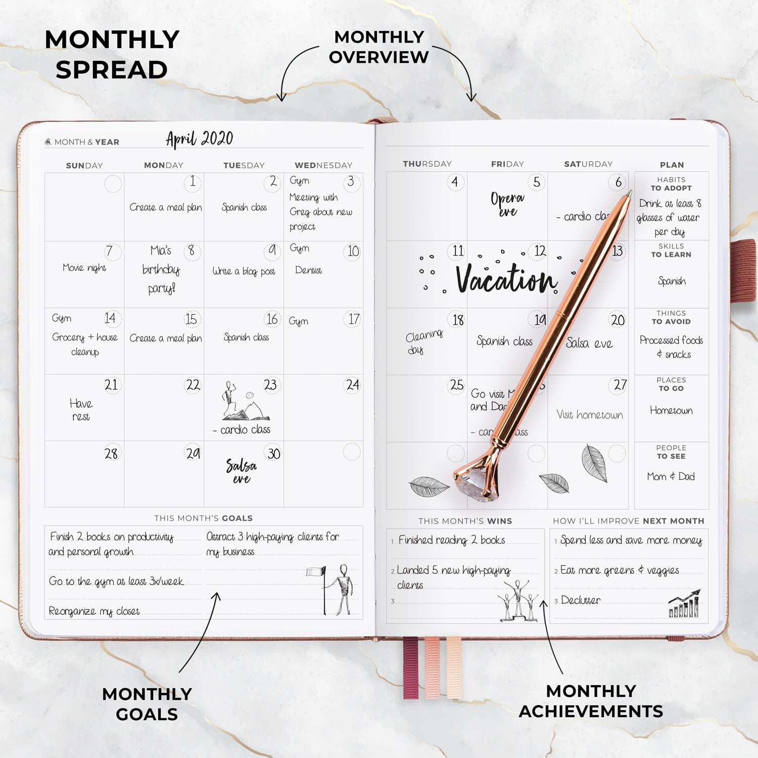Clever Fox Planner Daily Premium Edition - Undated Luxurious Daily Planner with Hourly Schedule, Personal Organizer, Productivity & Goal Journal, Start Anytime, A5-sized, Lasts 6 Months - Rose Gold