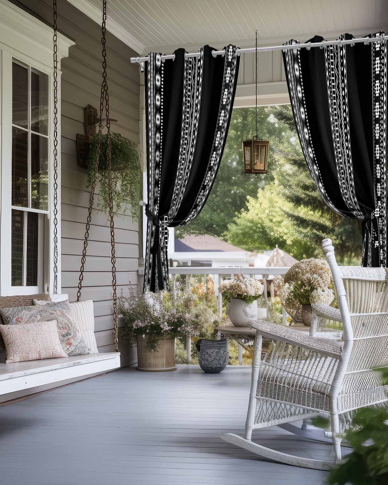 Black Boho Outdoor Curtains for Patio, Vintage Abstract Striped Geometric Motifs Privacy Drapes Grommet Waterproof Outside Curtains for Porch/Cabana/Balcony 54"x 84", 2 Panel