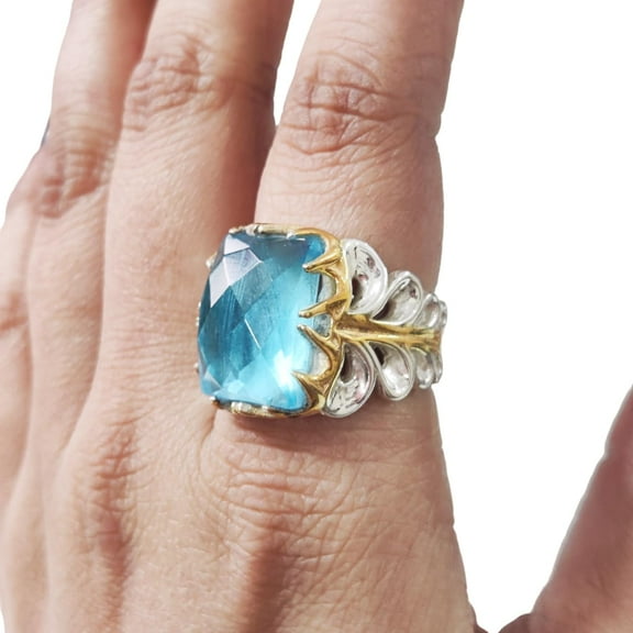 Blue Topaz Mans Ring, Checker Blue Topaz Gemstone Ring, November Birthstone, Two Tone Silver Jewelry, 925 Silver Ring, Designer Ring, Arabic Ring, Ottoman Turkish Ring, Christmas, Heavy Signet Ring