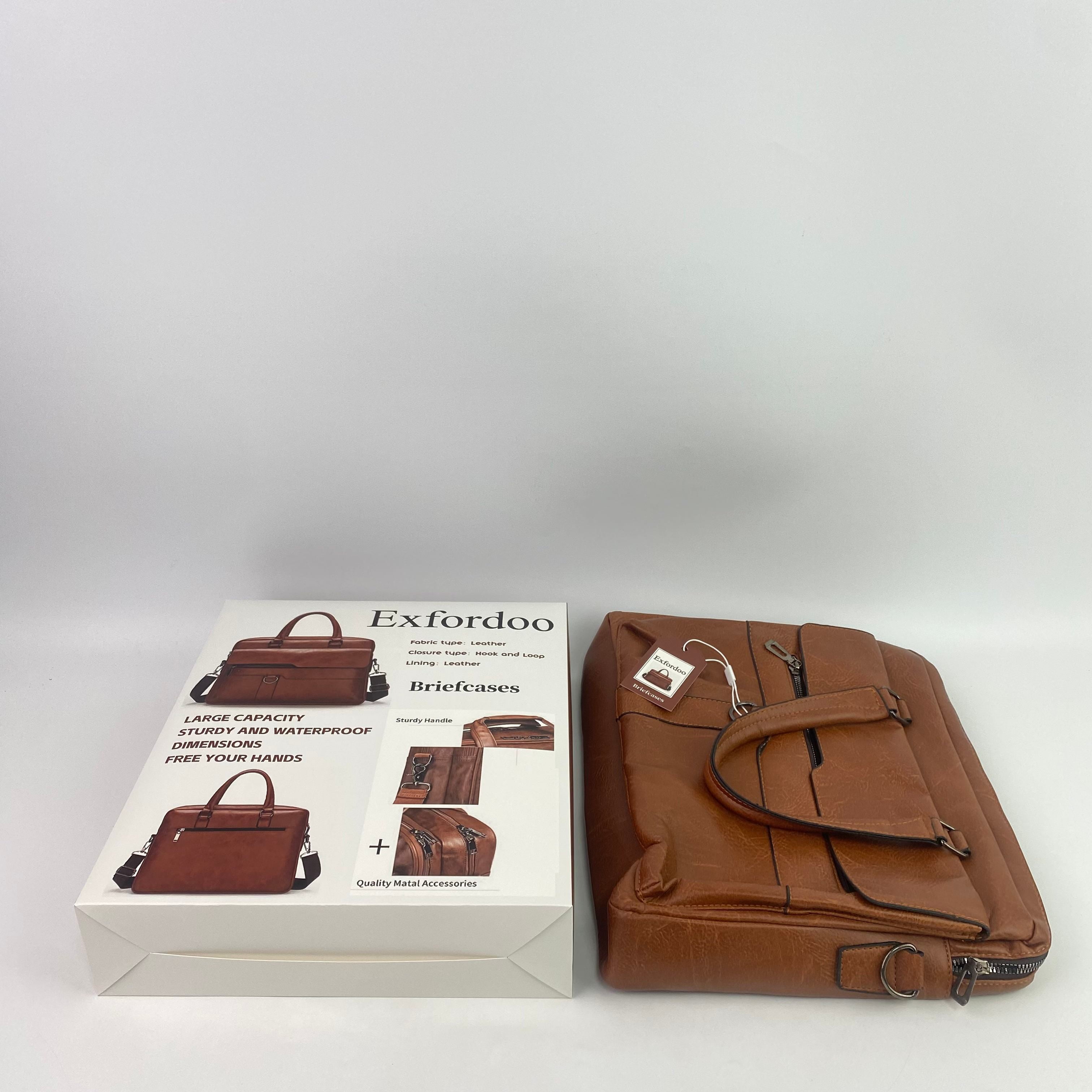 Exfordoo Briefcases,Men's Business Travel Briefcase Leather Handmade Messenger Bags Laptop Bag