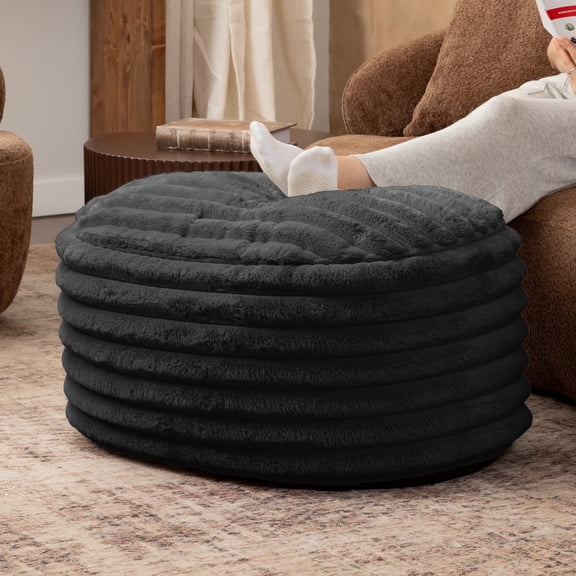 Jaxx Paran Pouf Ottoman, Large, Faux Fur, Modern Accent, Black