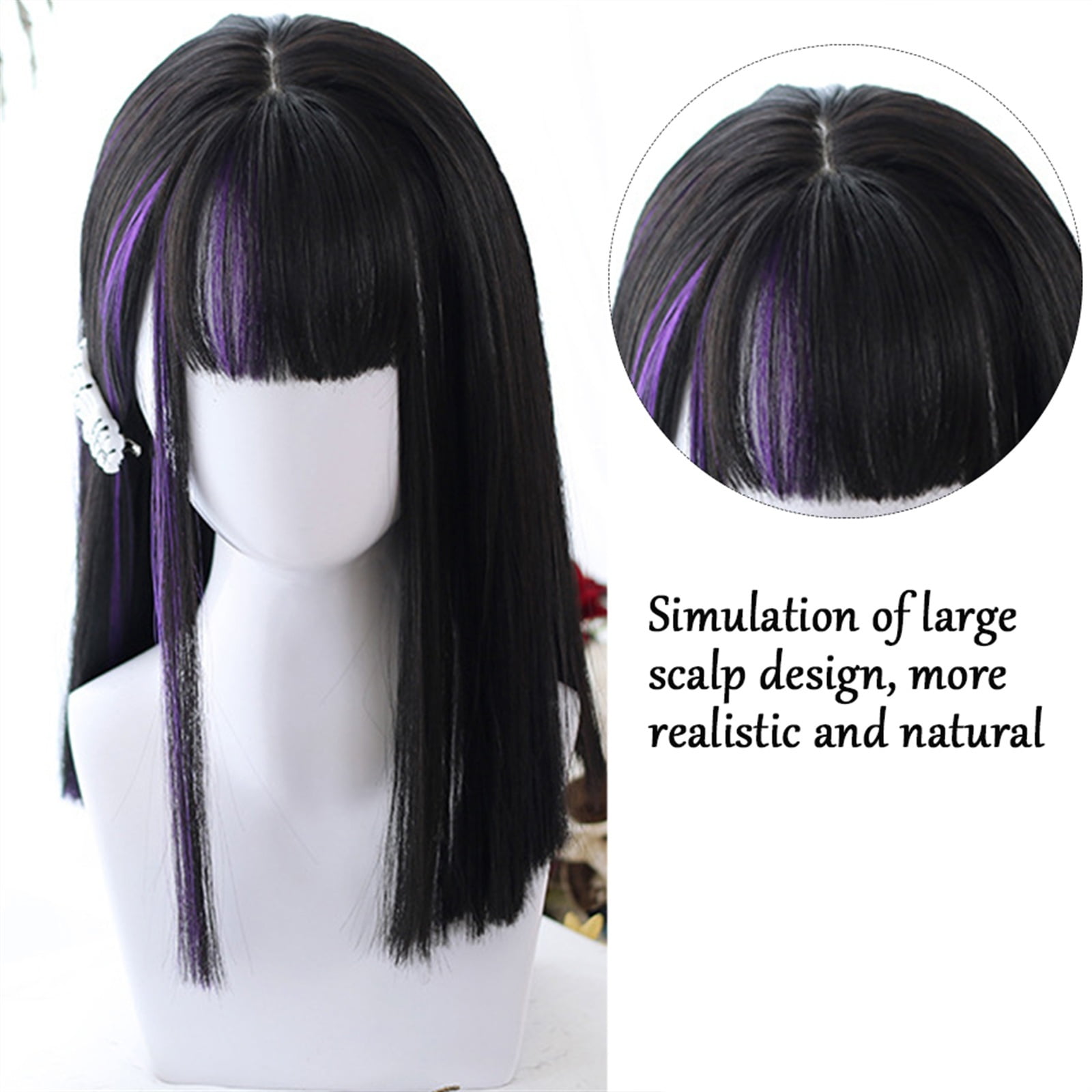 Medium Length Straight Hair Wig with Bangs, Synthetic Purple Highlights Black Bangs Wig Natural Looking Daily Cosplay Party Wig for Women Girls