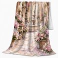 thumbnail image 2 of Romantic Pink Hydrangea Fountain Courtyard Garden Art, Festive Botanical Garden Scene, Warm Flannel Blanket for Sunroom and Reading Nook, Garden Lovers Valentine's Day Gift, Botanical Home Decor, 2 of 9