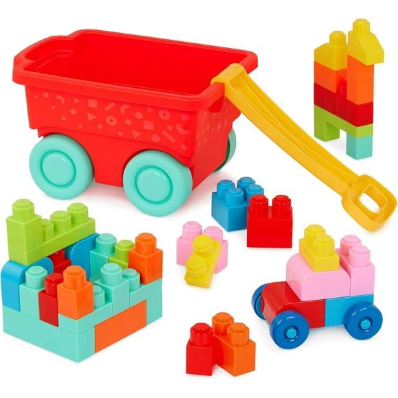TRAHOO-– Building Blocks – 47Pc Brick Set – Colorful & Chunky Bricks – Unique Wheel Bricks – 12 Months + – Locbloc Red Builder's Wagon