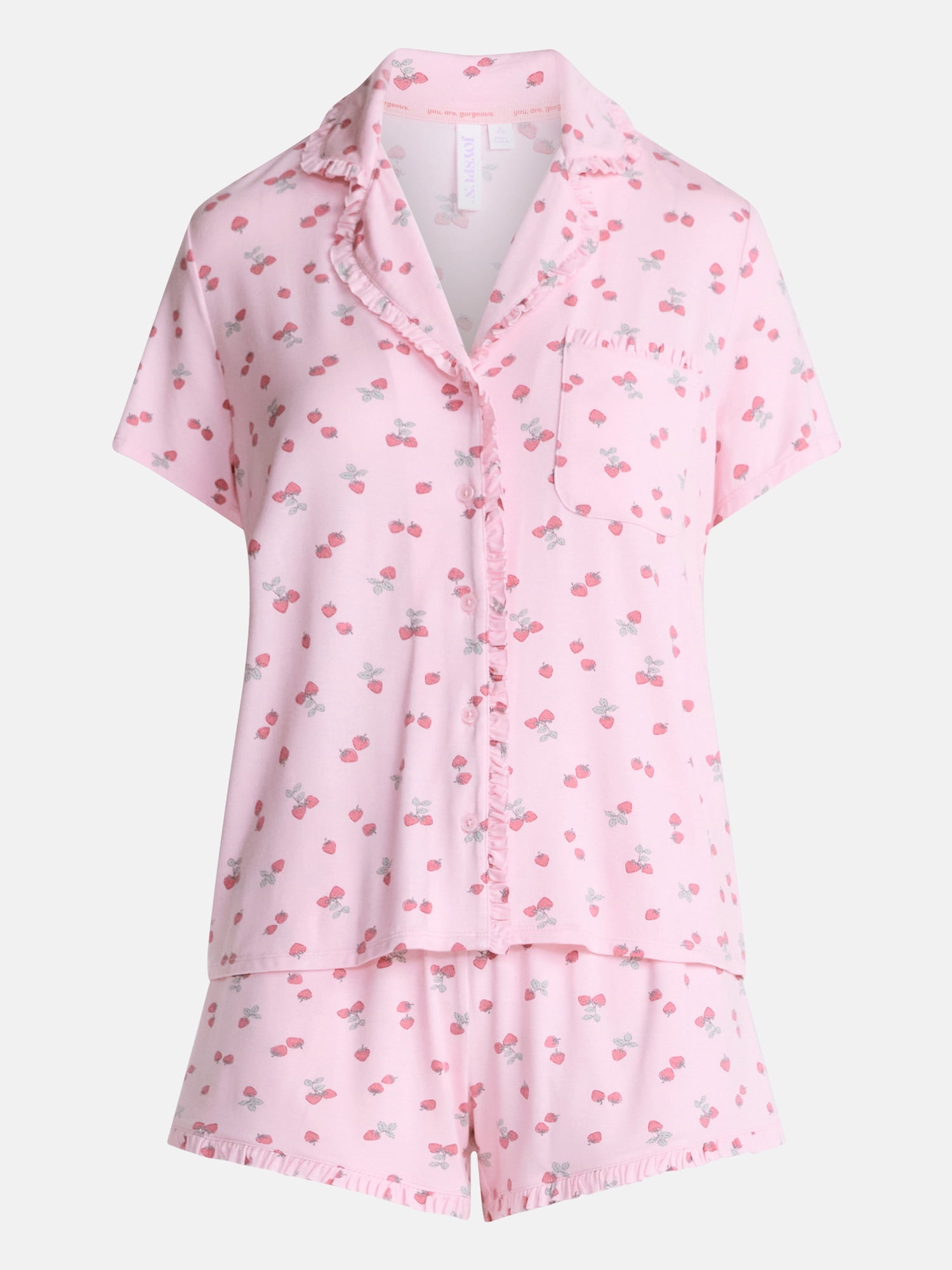 Joyspun Women’s Modal-Blend Ruffle Trim Notch Collar Top and Shorts Pajama Set, 2 Piece, Sizes XS-3X