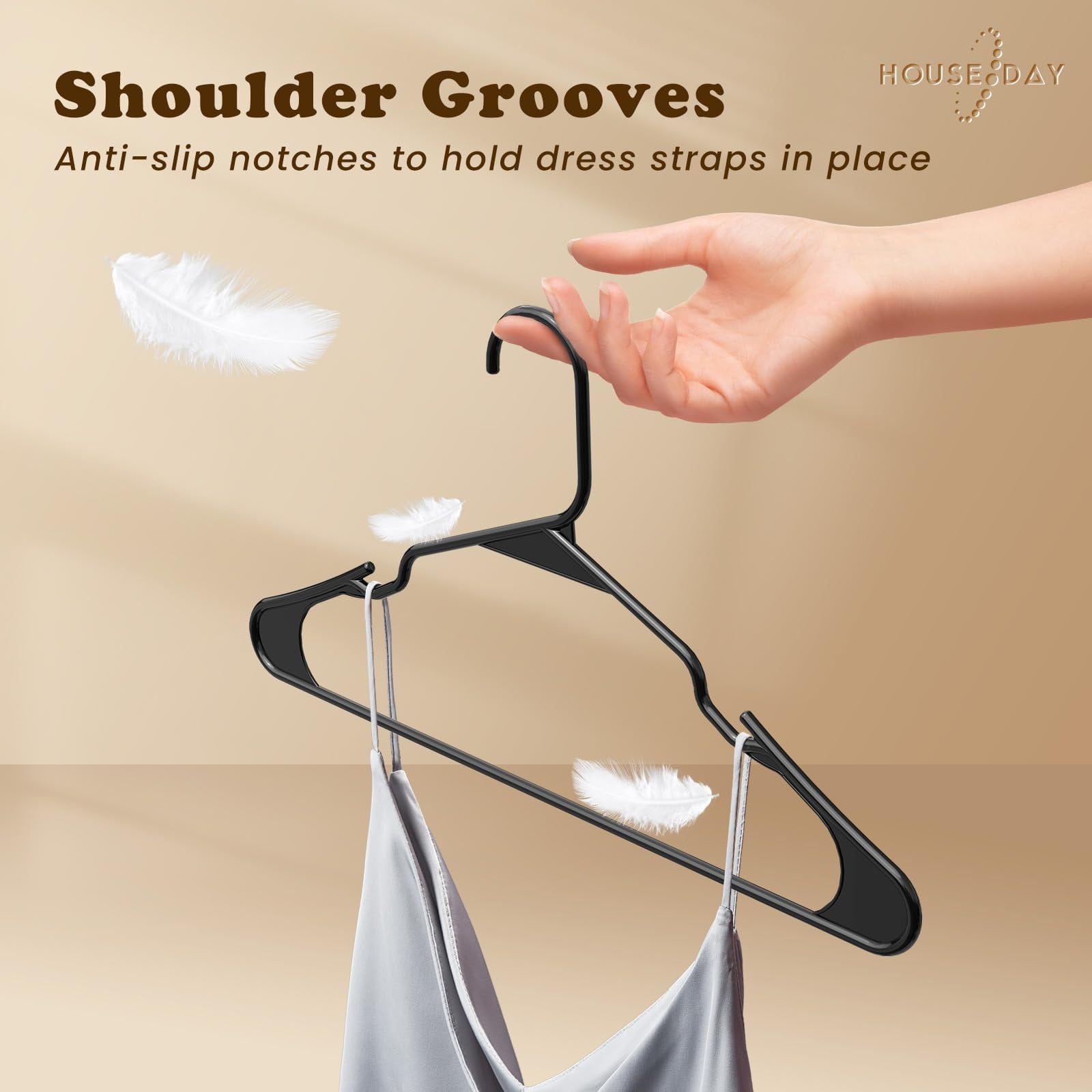 HOUSE DAY Plastic Hangers 60 Pack, Plastic Clothes Hangers Space Saving, Sturdy Clothing Notched Hangers, Heavy Duty Coat Hangers for Closet, Laundry Hangers for Adult Suit,Black
