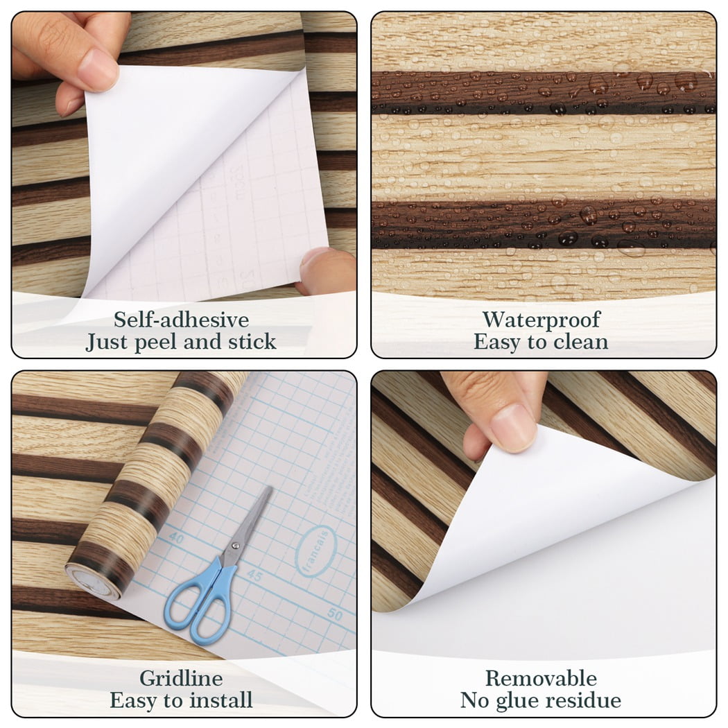 Arthome Wood Grating Wallpaper 17''x240'' Self-Adhesive Removable Peel and Stick Wallpaper Vinyl Decorative Wood Stripe Grain Paper Film Vintage Wall Covering for Furniture Easy to Clean