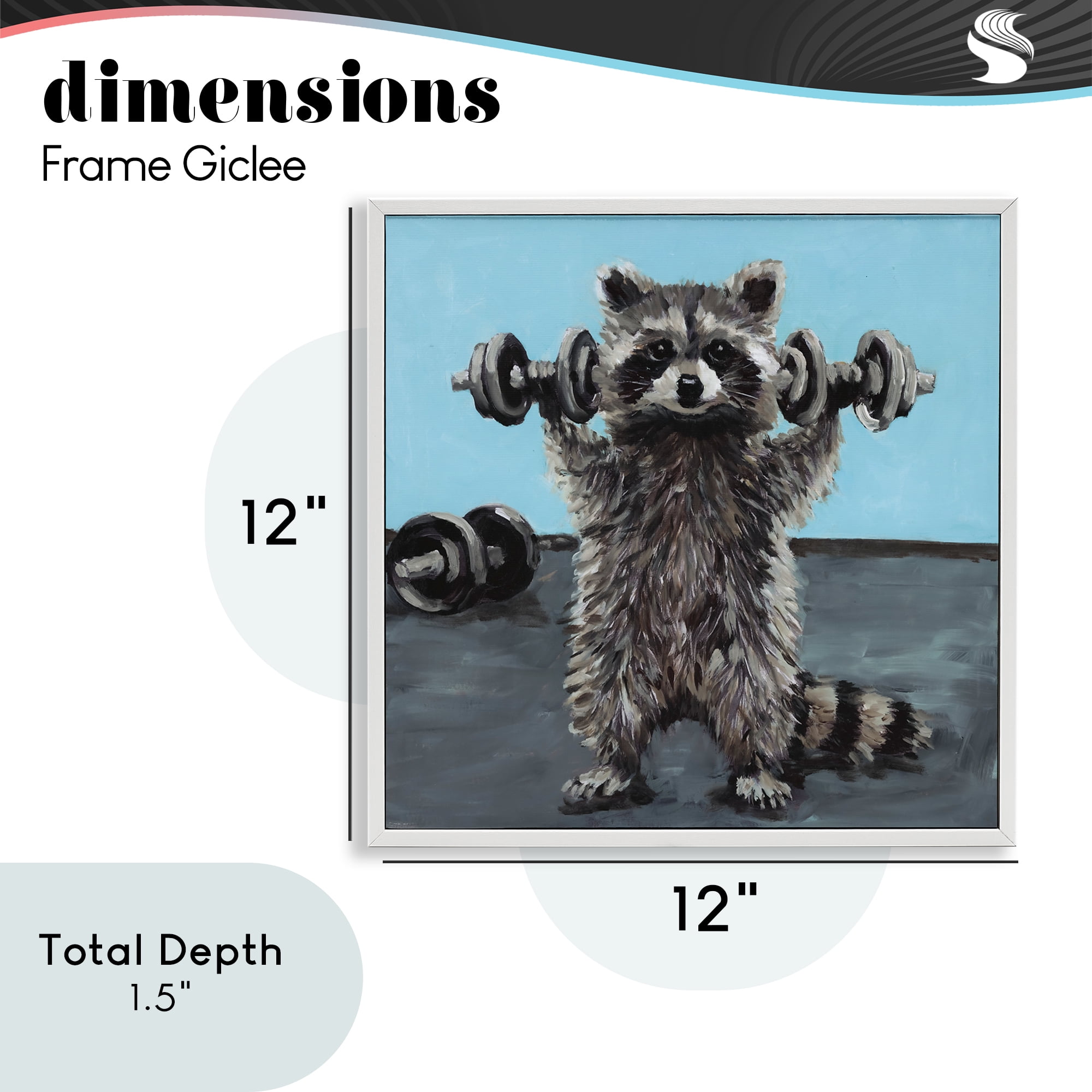 Fitness Raccoon with Weights White Framed Giclee Art, design by Studio Bautista