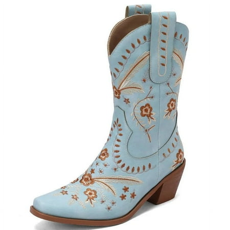 

White Embroidered Floral Cowgirl Boots Sewing Western Boots for Women Comfortable Cowboy Mid Calf Boots Plush Size 46