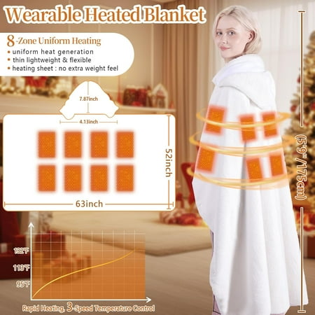 Cordless Heated Blanket with Detachable Hood,Wearable Heated Blanket with 3 Heating Levels,Portable Heating Blanket 52 * 64" Heated Throw Blanket with Power Bank&Charging Cable for Women Man