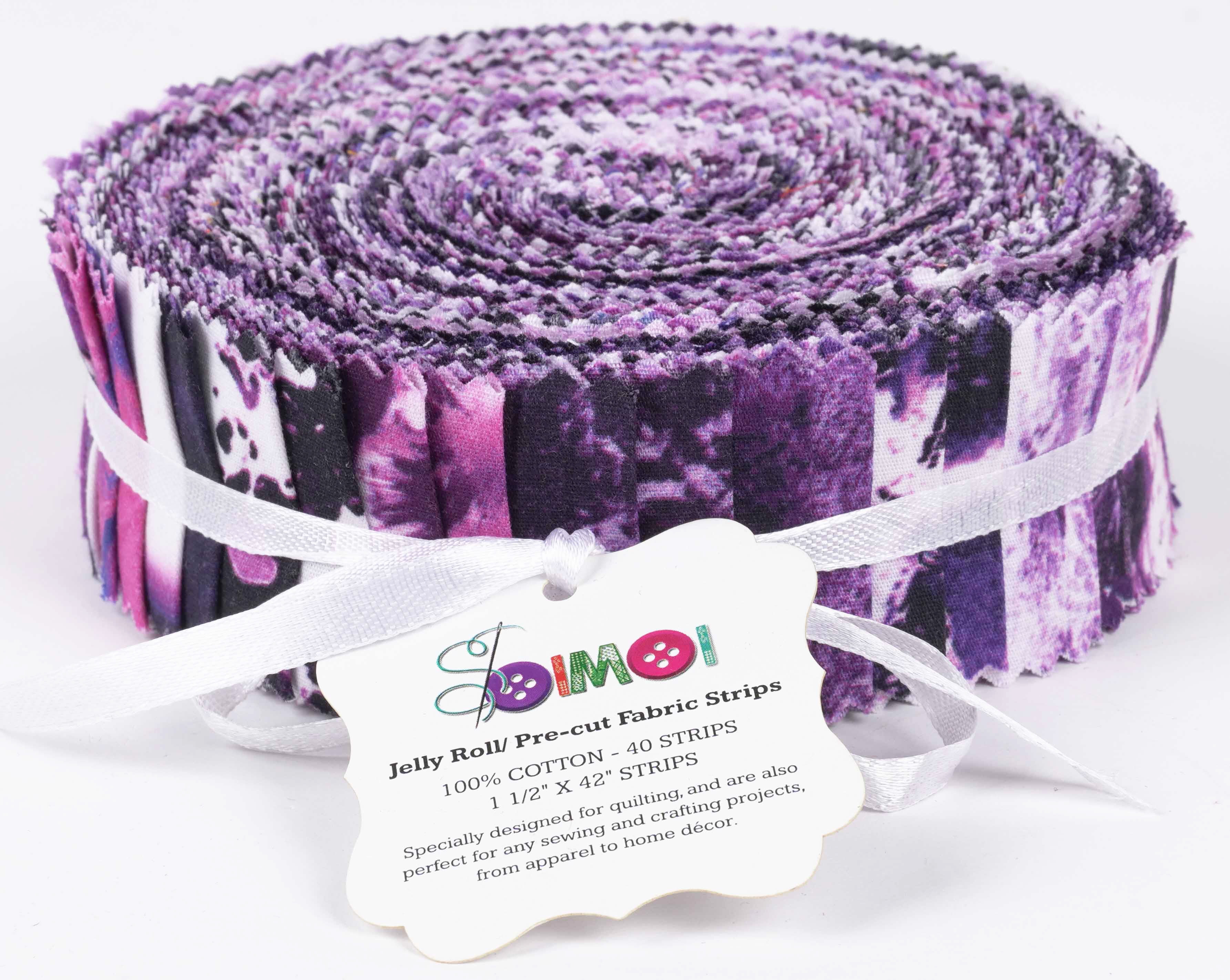 Soimoi 40Pcs Tie Dye Print Precut Fabrics Strips Roll Up 1.5x42inches Cotton Jelly Rolls For Quilting - Purple