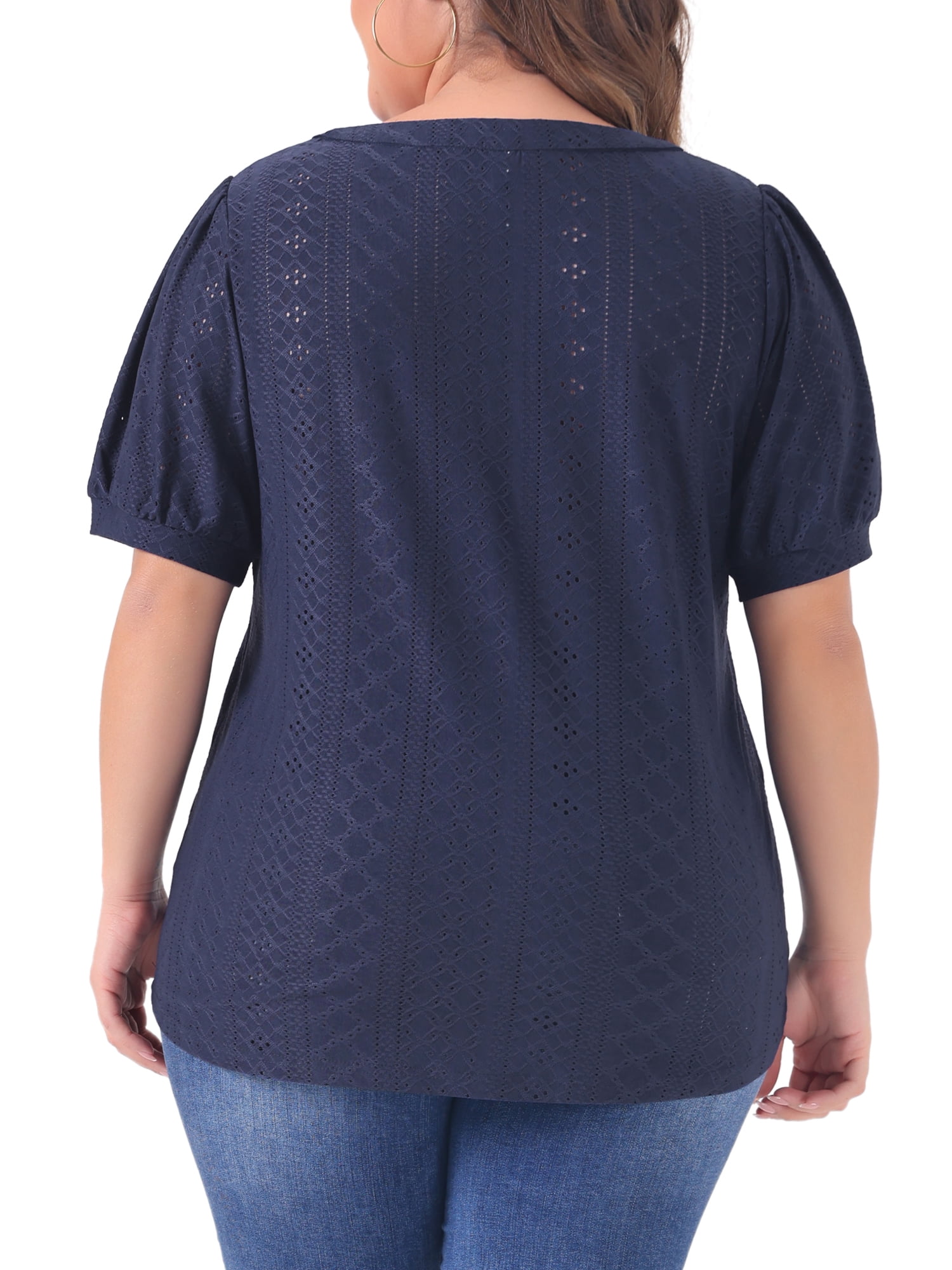 Women's Plus Tops Hollow Casual V Neck Short Sleeve Summer Blouse Shirts 3X Navy Blue