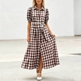 thumbnail image 5 of Women's Casual Dresses Gingham Shirt Midi Dress with Puff Short Sleeves Summer Long Shirt Sundress Brown S, 5 of 7