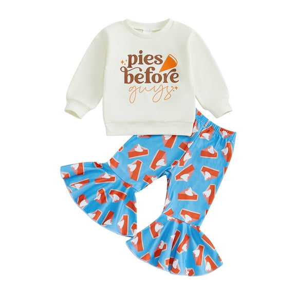 Suealasg Toddler Girl Fall Winter Outfits Long Sleeve Letter Print Sweatshirt   Pie Print Flare Pants Set 6M 1T 2T 3T 4T Kids Baby Girl Thanksgiving Clothes 2Pcs Infant Girl Pants Sets