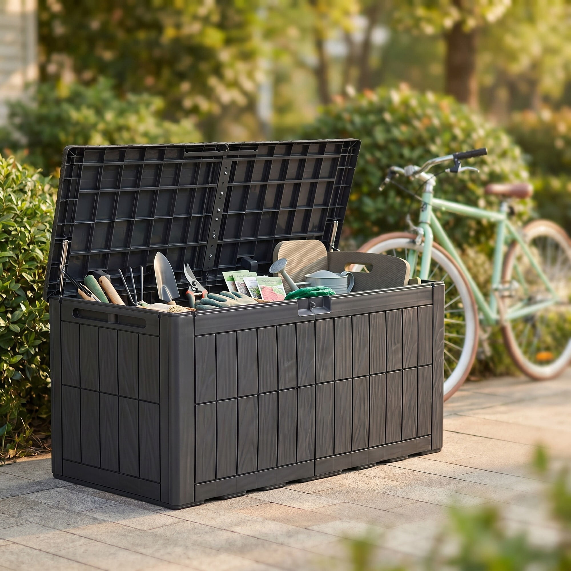 Uforic 110 Gallon Waterproof Outdoor Deck Box, Lockable Resin Storage Box, 2 Person Patio Storage Bench for Cushions Garden Tools Pool Supplies, Dark Gray