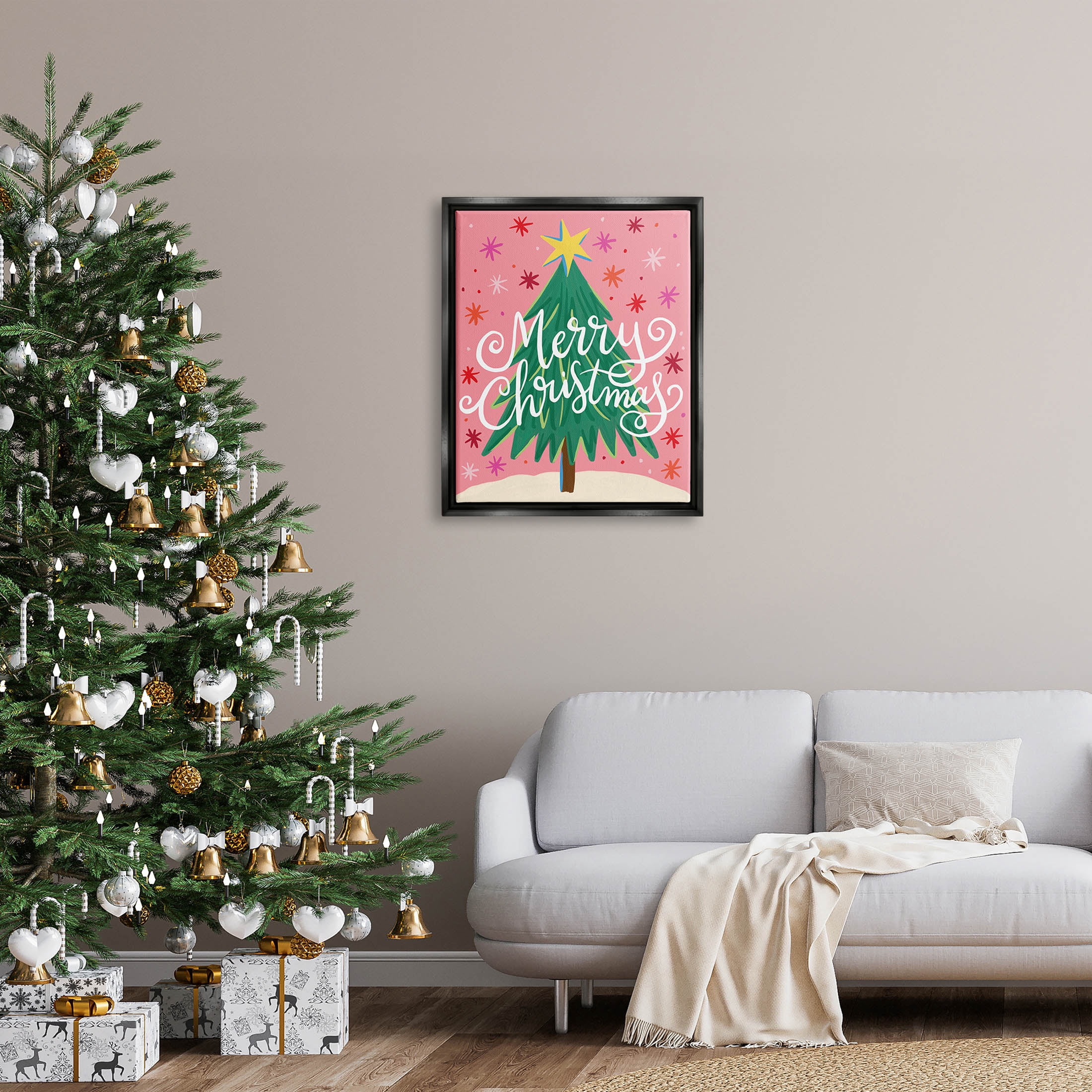 Merry Christmas Pink Starry Pattern Holiday Graphic Art Jet Black Framed Art Print Wall Art