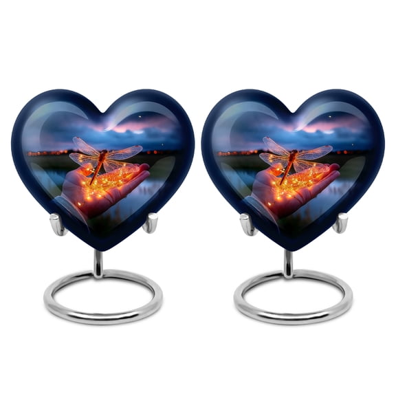 Yatskia Sparkling Wings Dragonfly Little Memorial Urn for Adult Ashes Male and Female, Small Funeral Urn for Human Ashes Adult, (Heart Pack of 2, 3 Inch)