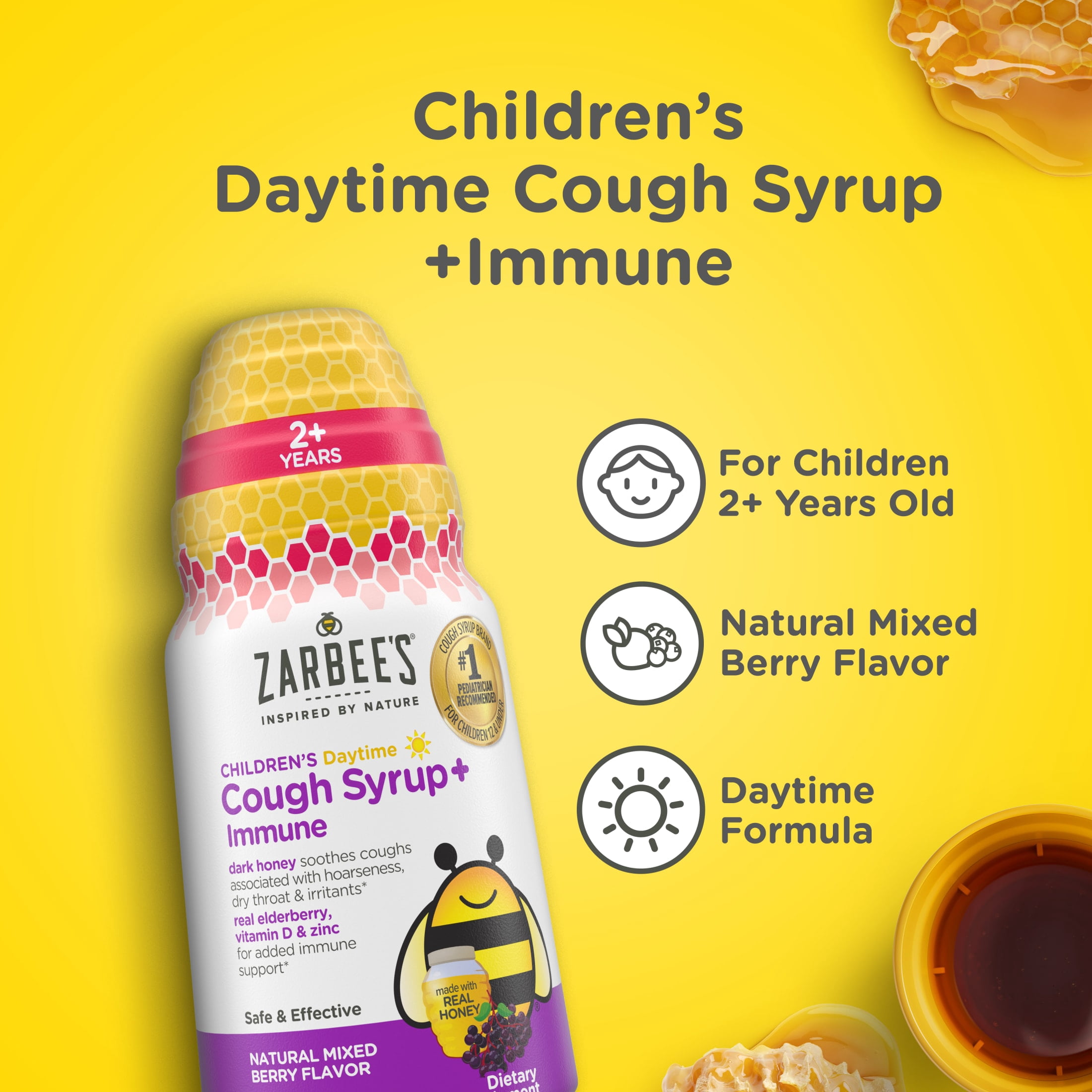 (4 pack) Zarbee's Children's Day Honey Cough Syrup + Immune, Berry, 4 fl. oz