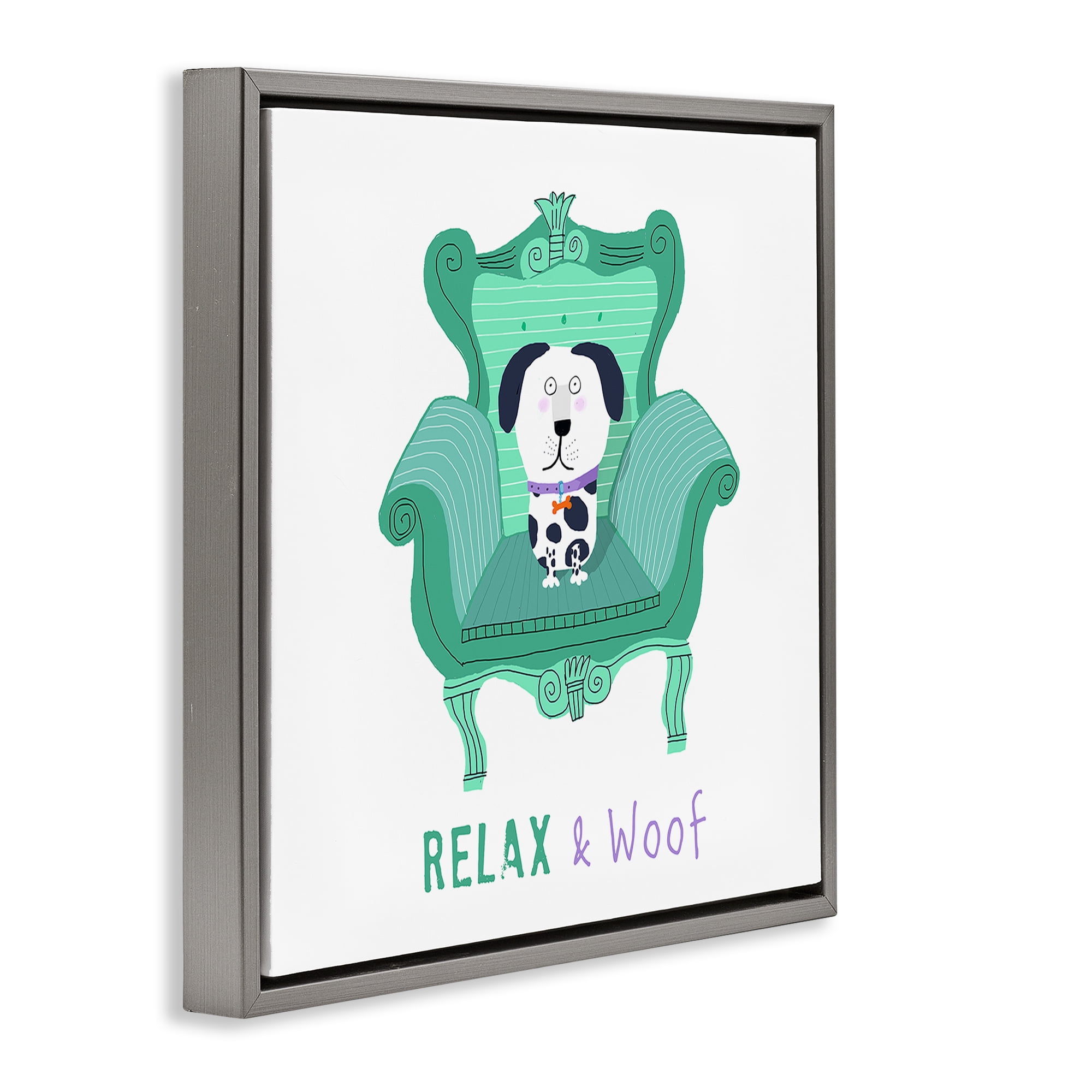 Stupell Industries Relax & Woof Cat Furniture Painting Gray Floater Framed Canvas Art Print Wall Art, 25 x 25