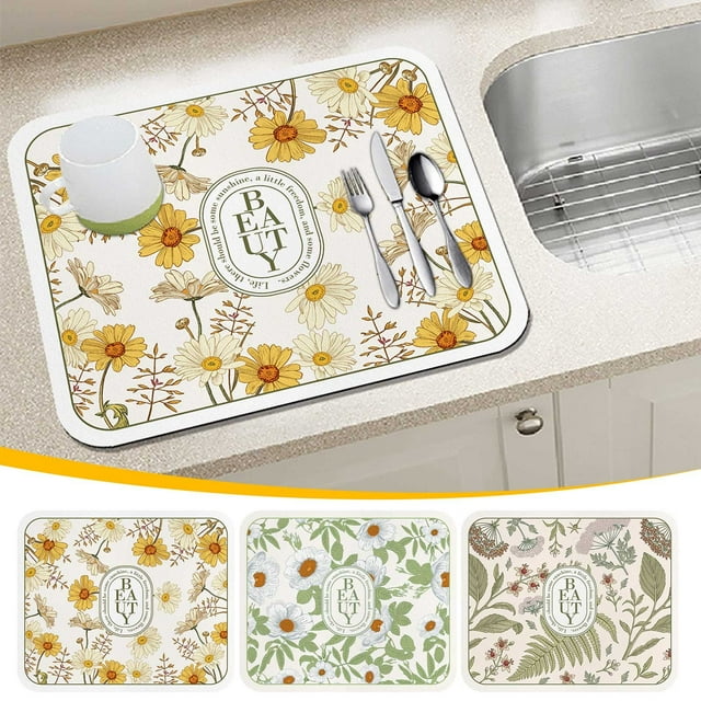 Fiudx Escurreplatos para Encimera de Cocina, Material Absorbente Suave, Tejido Técnico Antideslizante, Aislamiento Térmico, Absorción de Agua, Versátil para Vajilla y Mesa de Centro, Varios Estilos,