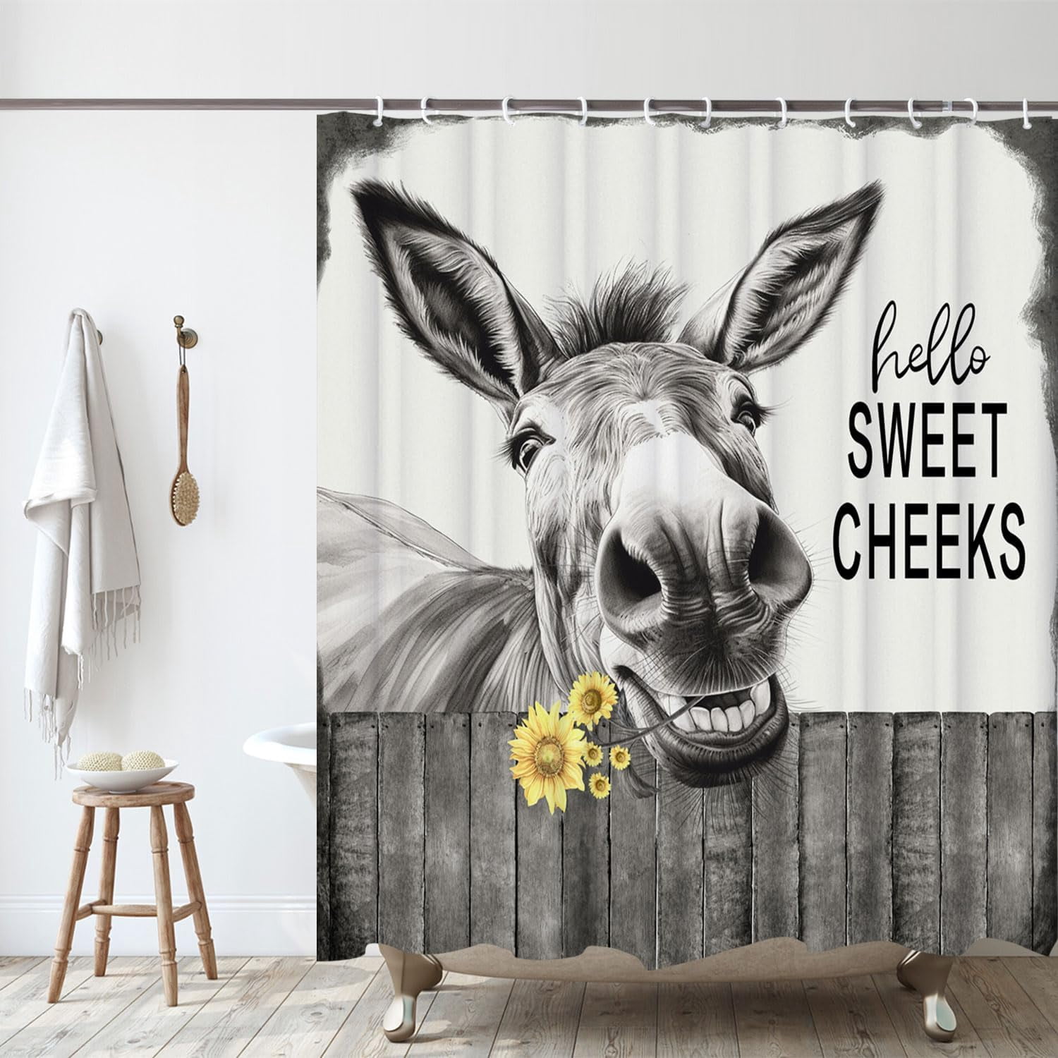 Funny Donkey Shower Curtain, Black and White Farmhouse Farm Animal 72x84 Shower Curtain Set, Gray Hello Sweet Cheeks Rustic Bathroom Decor Curtain with Shower Hooks