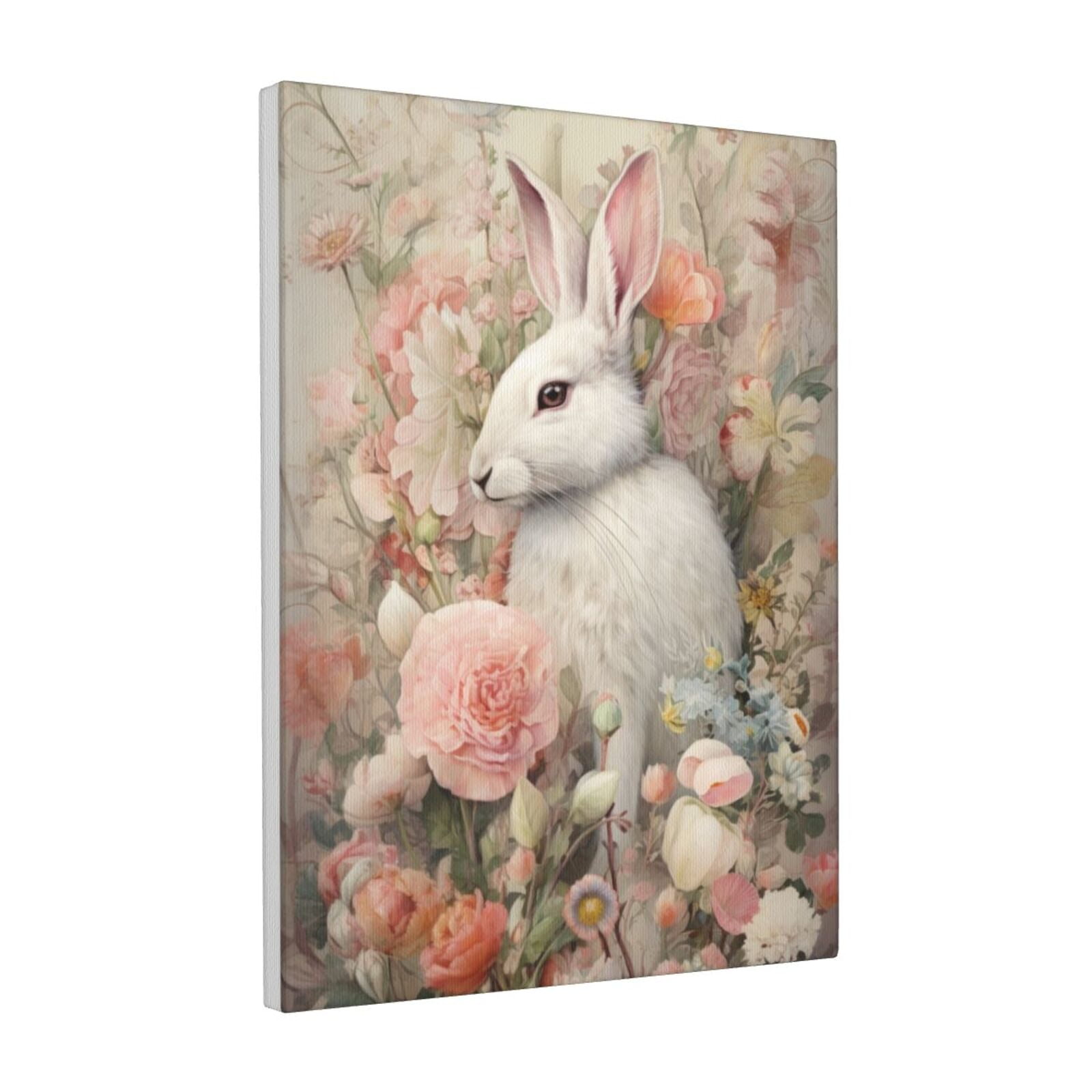12x16 inch White Rabbit In The Flowers Retro Canvas Hanging Picture Home Bedroom Decor Wall Art Canvas Poster Exquisite Outdoor Yard Garden Painting Charm Gifts For Rabbit & Flower Enthusiast