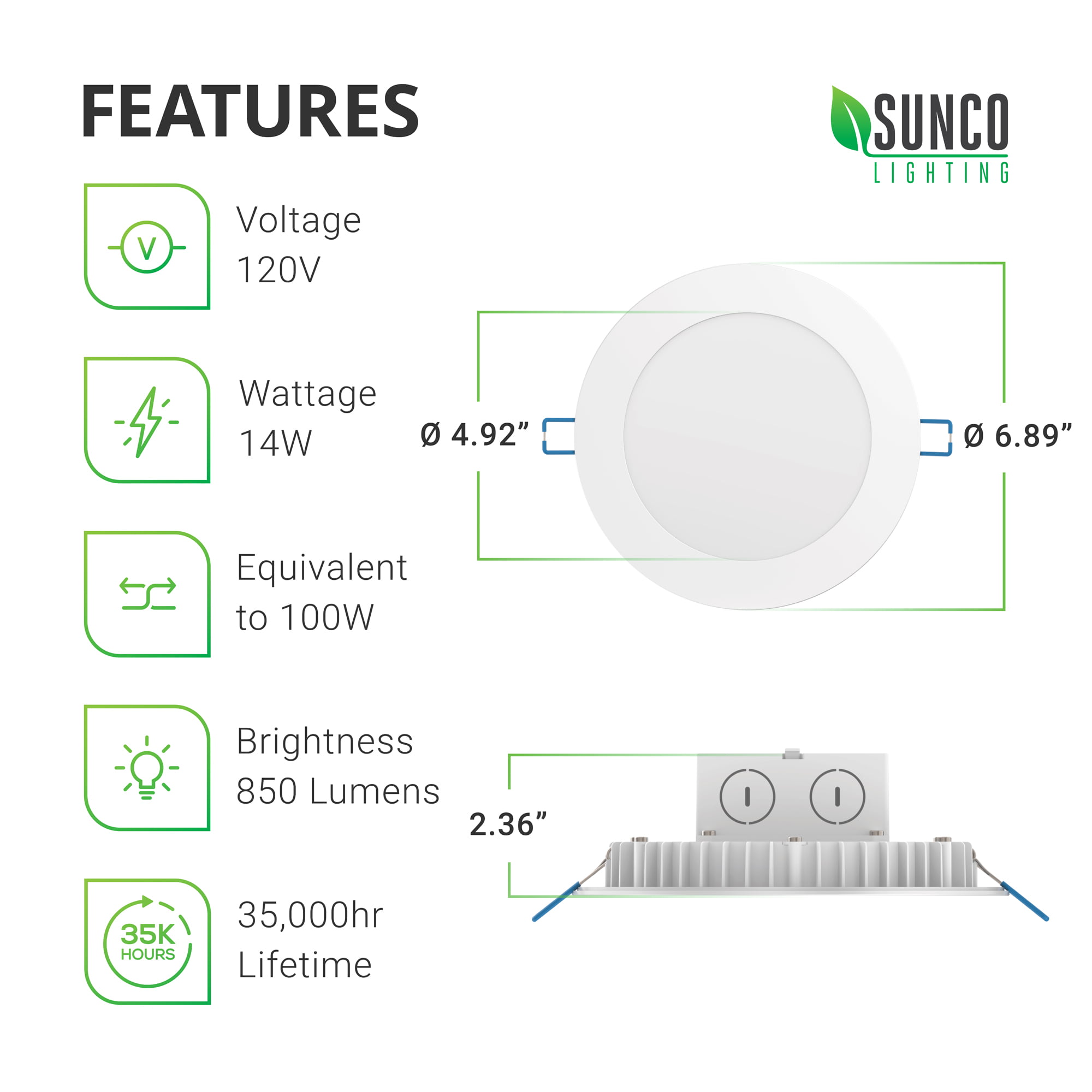 Sunco Lighting 12 Pack Inch Slim LED Downlight, Integrated Junction Box,  14W=100W, 850 LM, Dimmable, 6000K Daylight Deluxe, Recessed Jbox Fixture, IC  Rated, Retrofit Installation ETL