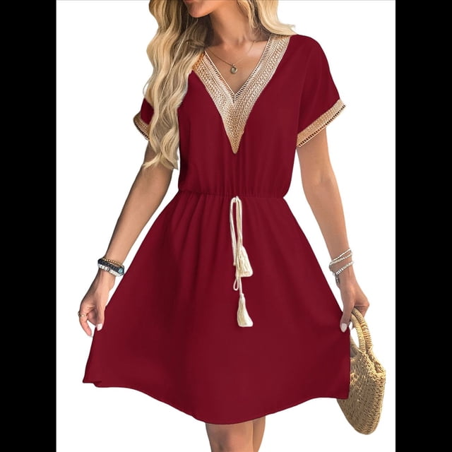 Vestido Informal de Verano con Cintura Ajustada para Mujer para Vacaciones Rojo Vino M