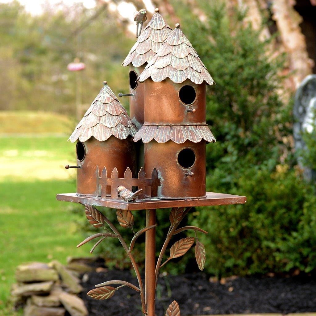 Room for 4 Bird Families in Each Zaer Ltd Cube Homes with Pyramid Roofs Large Copper Colored Multi-Birdhouse Stakes