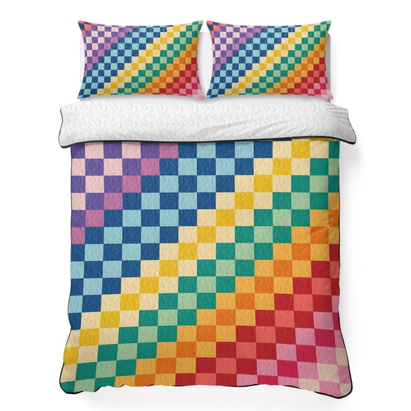 King Quilt Set, Abstract Checkerboard Squares Lightweight Quilt Sets Summer Comforter Coverlets with 2 Pillow Shams, Blue Green Red Plaid Breathable 3 Piece Bedding Set for All Seasons