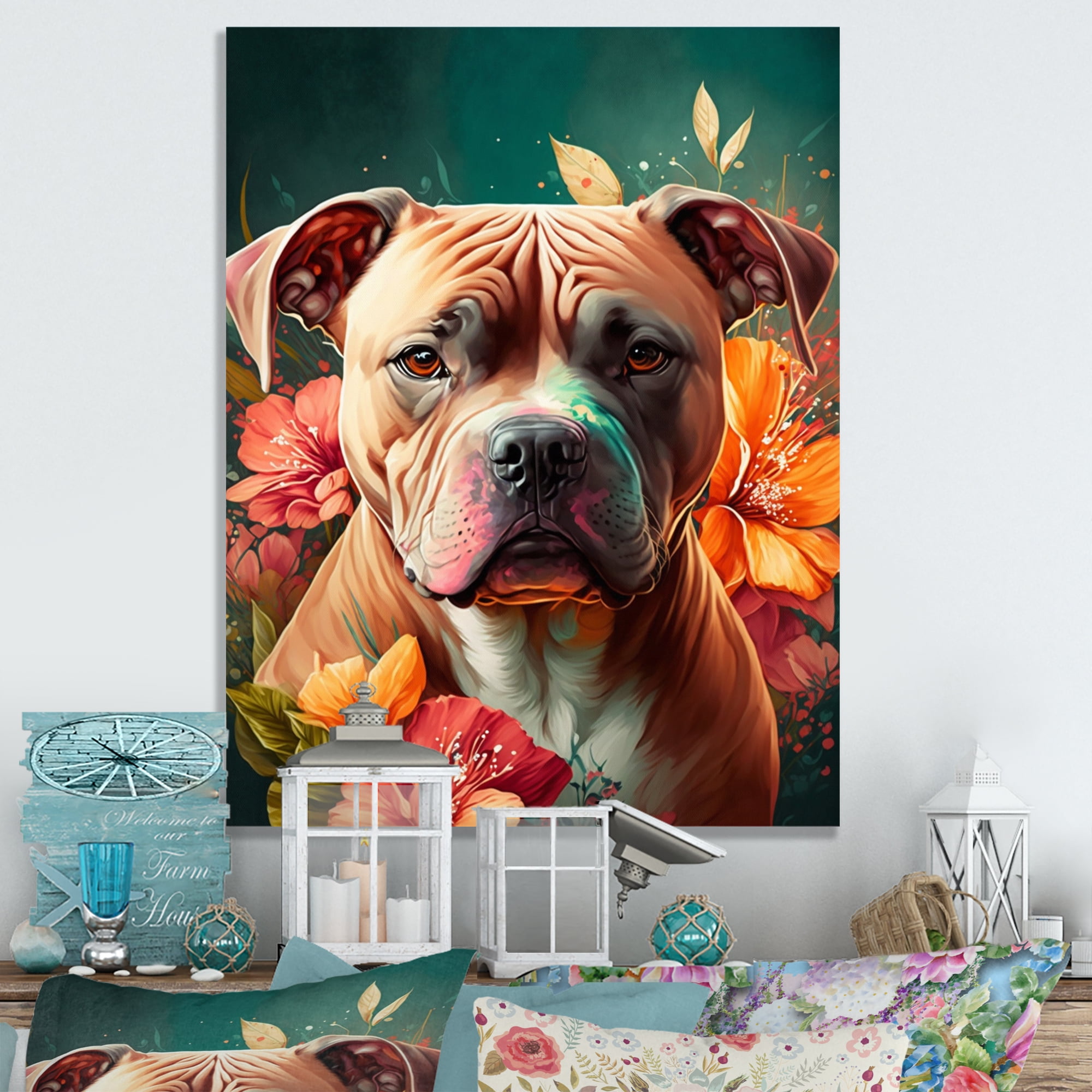 Designart Cute Pitbul Floral Art I Canvas Wall Art