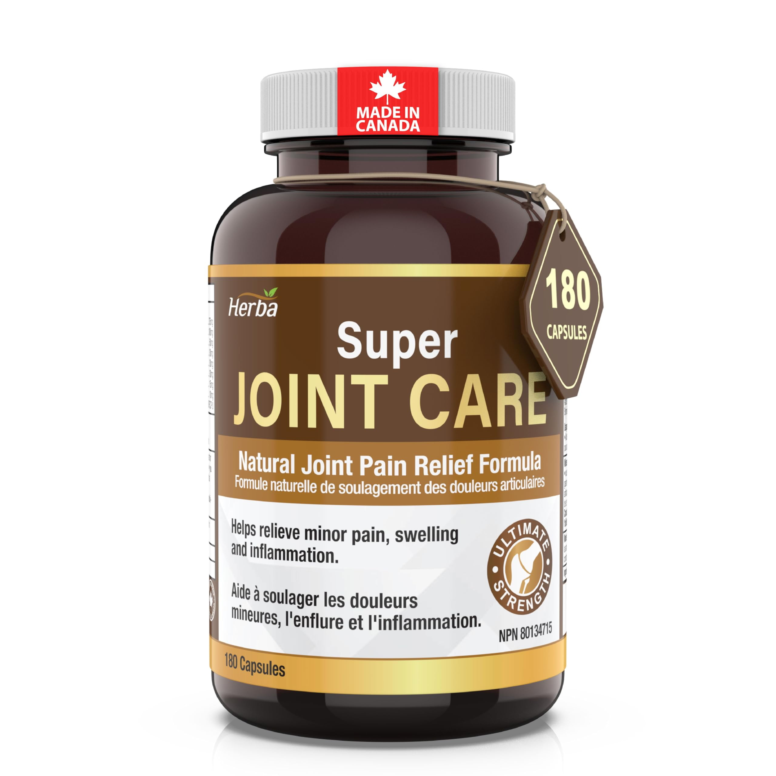Herba Herba Joint Pain Relief Supplement with 10 Proprietary Ingredients - 180 Capsules | Made in Canada supplement bottle