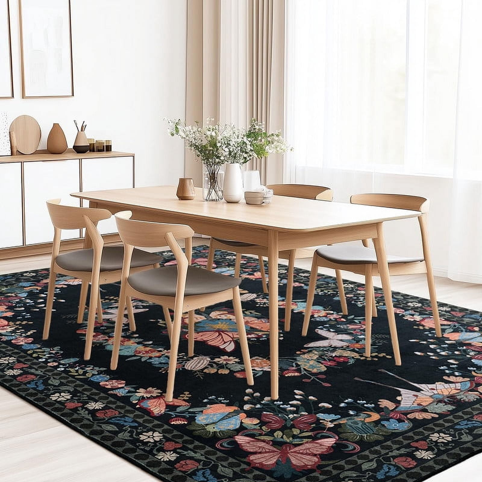 4x6 Butterfly Print Washable Black Area Rug for Living Room Bedroom Dining Room Office Nursery Non-Slip & Stain Resistant Modern Indoor Carpet, Soft Cozy Low Pile Throw Rugs with Rubber Backing