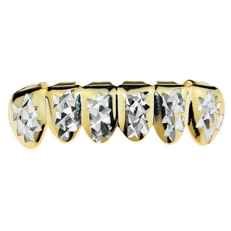 14k Gold Plated Grillz with Silver Diamond-Cuts 2-Tone Bottom Lower Six Teeth Hip Hop