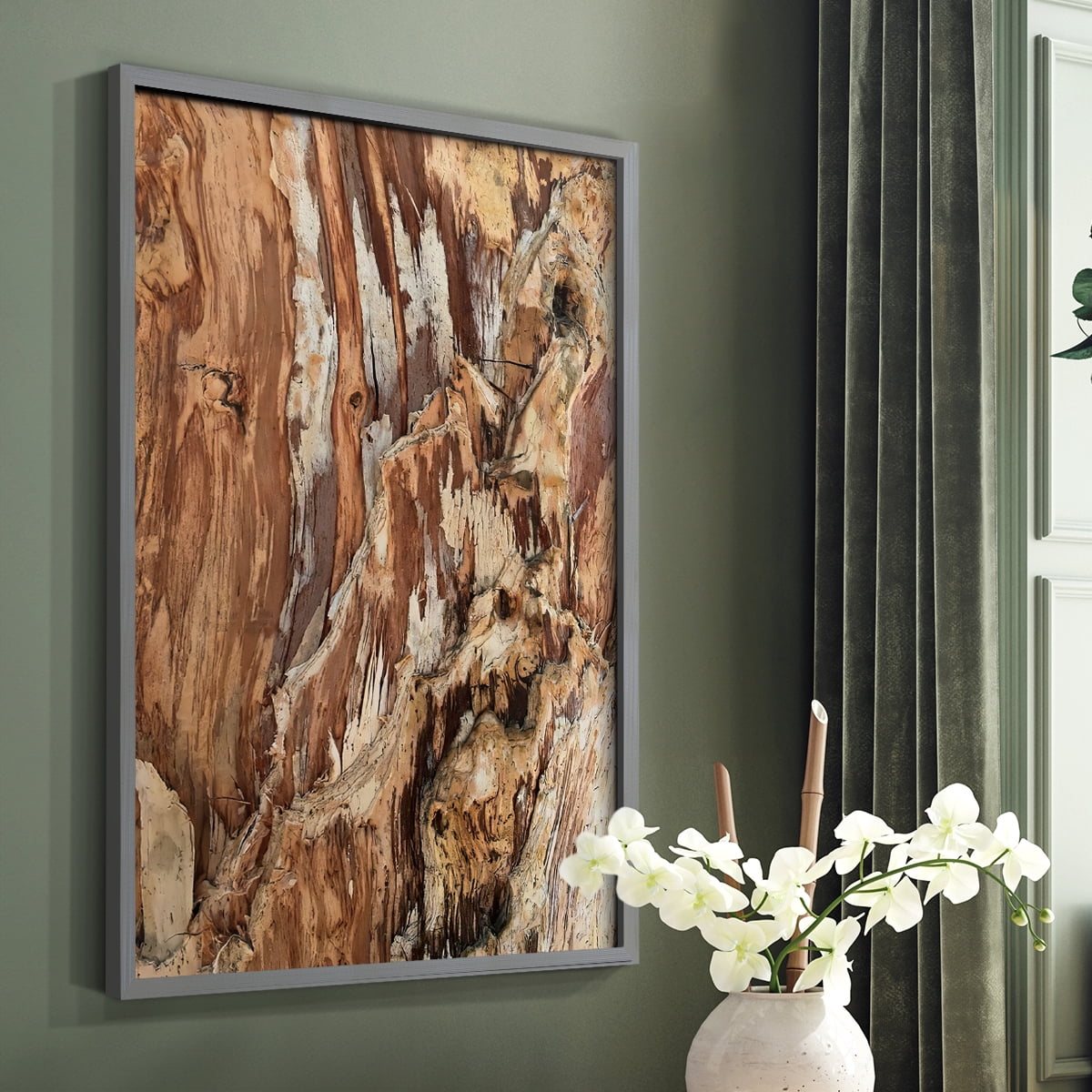 Tree Texture Triptych I Framed Print in Gray Solid Wood Framed Print No Nail Hanging
