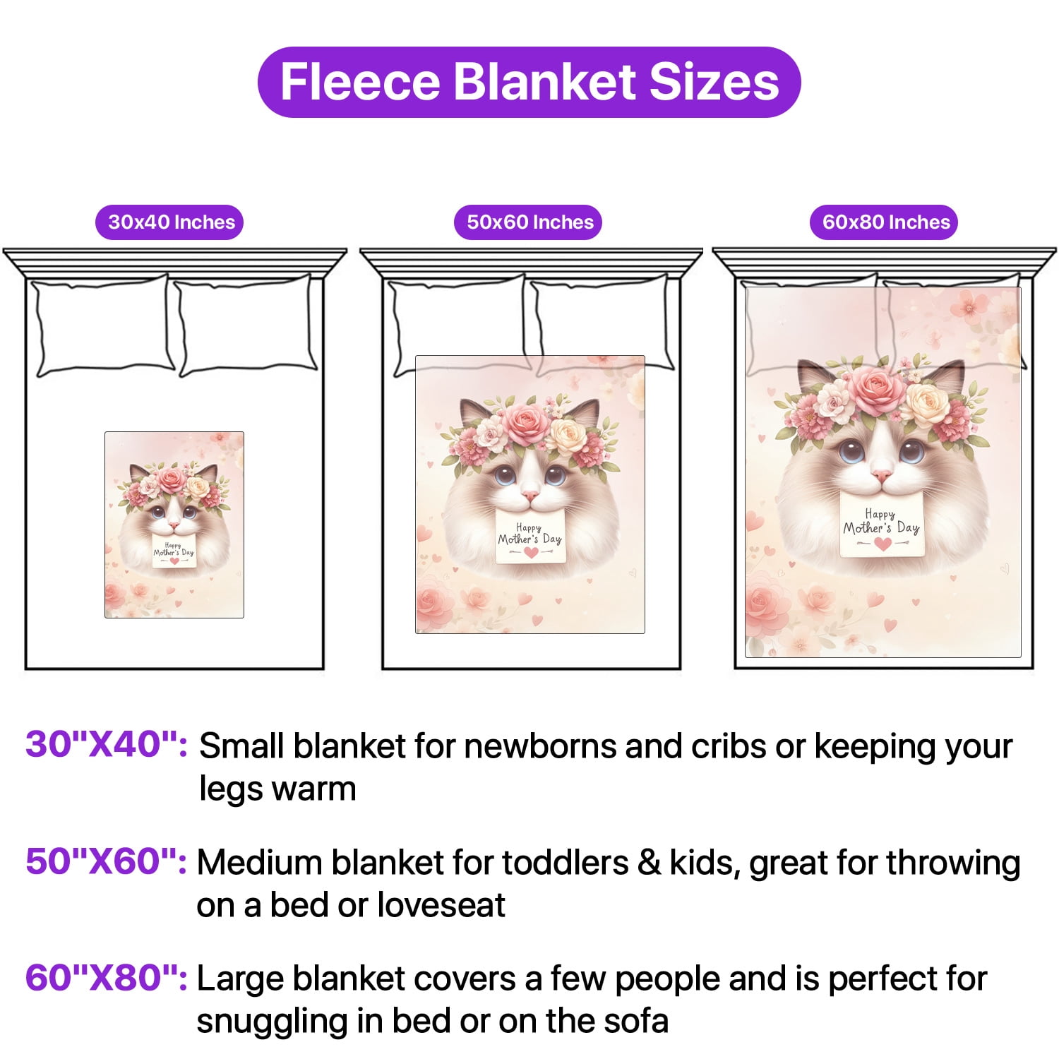 Happy Mother's Day Ragdoll with Flower Crown and Greeting Card Cozy Fleece Blanket Cat Lover Kitten Owner Gifts Idea Warm Soft Throw Blanket - 13004