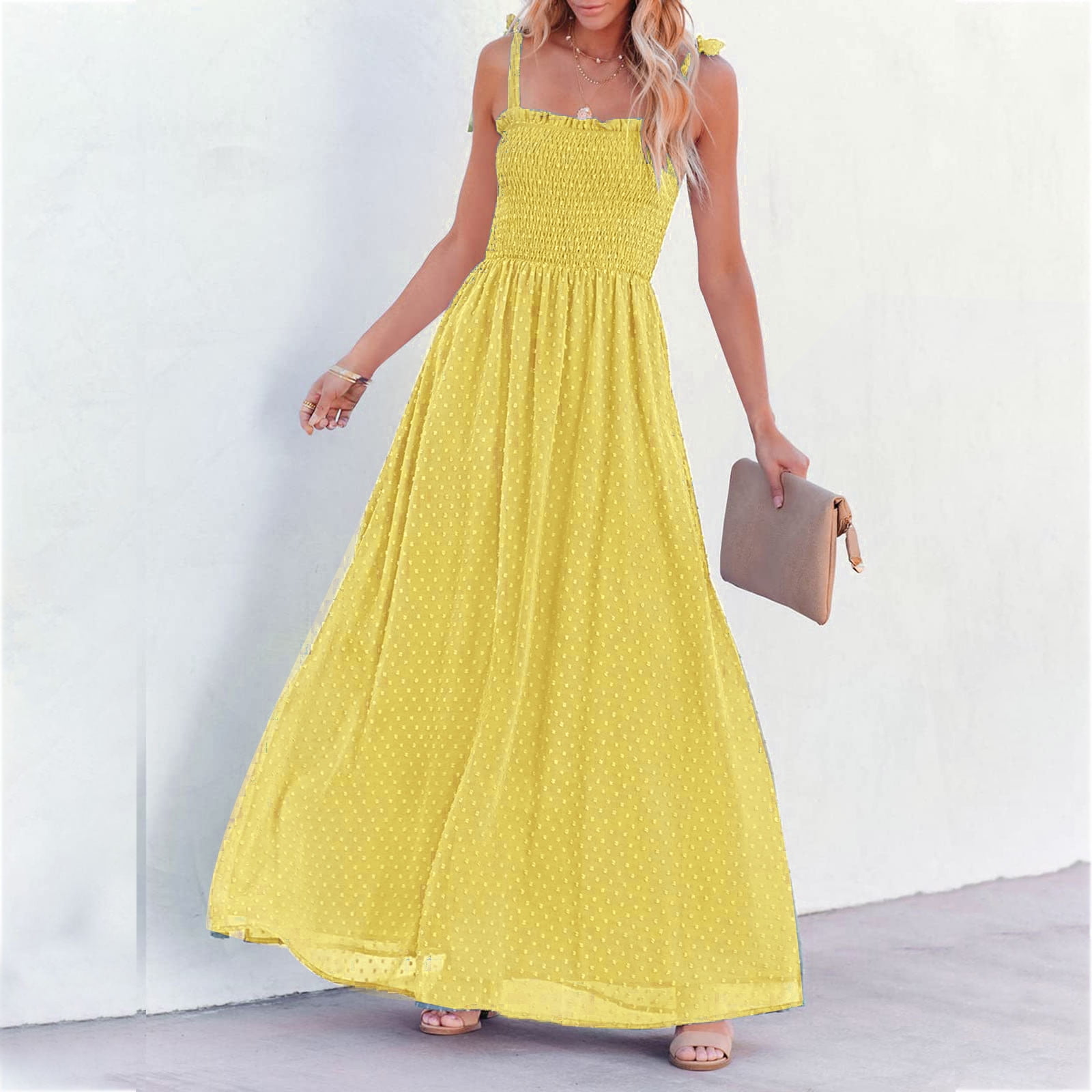 WEILI ZHENG Satin Long Dress in Yellow Womens Clothing Dresses Casual and summer maxi dresses 