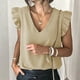 thumbnail image 4 of Blusa superior con cuello en V liso sin mangas con volantes de verano informal a la moda para mujer Pompotops  lopia998763, 4 of 9