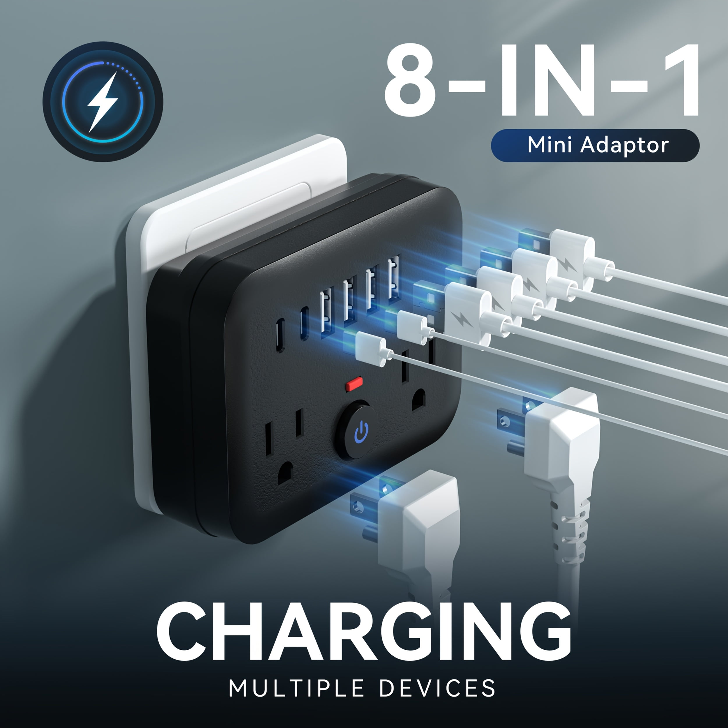 Mini Surge Protector Power Strip: 8-in-1 with 2 AC Outlets, 4 USB Ports, 2 USB-C, Overload Protection, Wall Mount, US Plug for Travel, Home, Office - Black