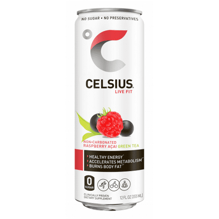 Celsius Green Tea Energy Drink, Raspberry Acai, 12 Fl Oz, Pack of 12