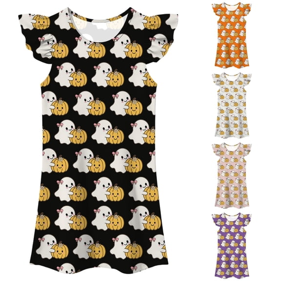 Gunia Toddler Girl Nightgown Princess Pajama Dress Halloween Pumpkin Ghost Flutter Sleeve Summer Casual Cartoon Print Dress Night Gowns Pjs Loungewear Black 3-4 Years