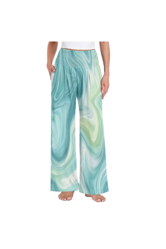 Women's High Waisted Wide Leg Pants Casual Summer Trousers with Pockets Smocked Waist Soft Breathable Lounge Pants for Home Yoga Travel Shopping S-XXL Oceanic Liquid Marble Design
