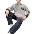 thumbnail image 5 of Skymirror 2 Pcs/Set Men Winter Pajamas Set Round Neck Long Sleeve Thick Twisted Texture Loose Elastic Waist Warm Soft Pockets Solid Color Men Homewear Top Pants Set, 5 of 8