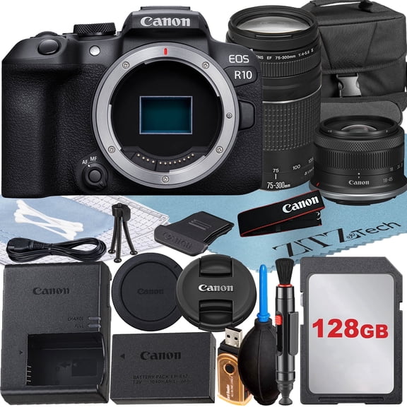 Canon EOS R10 Mirrorless Camera with RF-S 18-45mm   EF 75-300mm Lens   SanDisk 128GB Memory Card   Case   ZeeTech Accessory Bundle (International Version)
